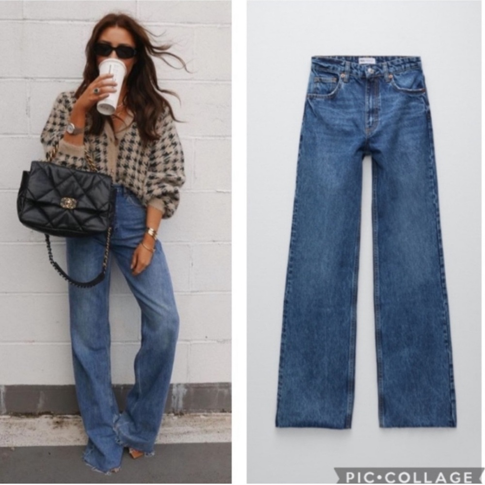 ZARA NAVY FULL LENGTH WIDE LEG JEANS SIZE 4